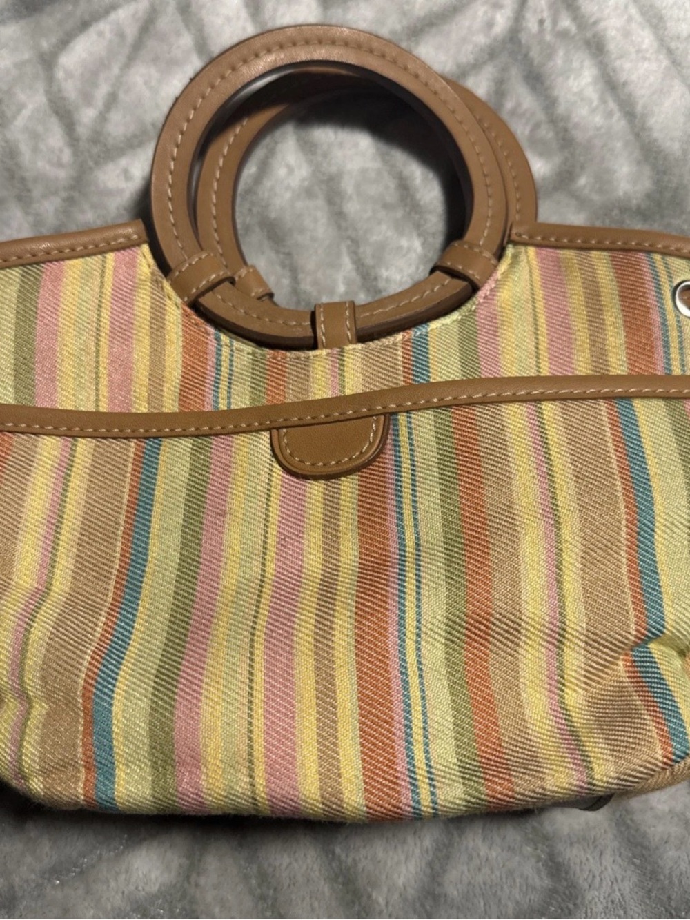Vintage Fossil Striped Canvas Purse Handbag with Brown Leather Handles